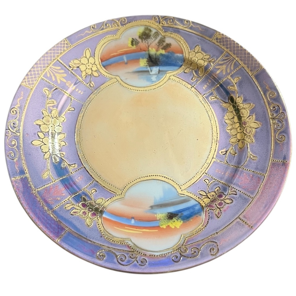 ANTIQUE TT TAKITO JAPAN  HP SWAN LAKE CLUSTRE GOLD BEAD SET OF SAUCERS/PLATES